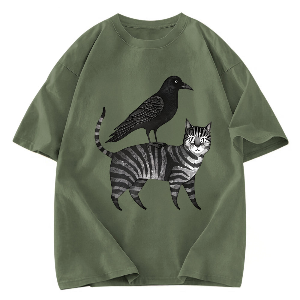 Tokyosol Crow Riding A Cat Washed T Shirt