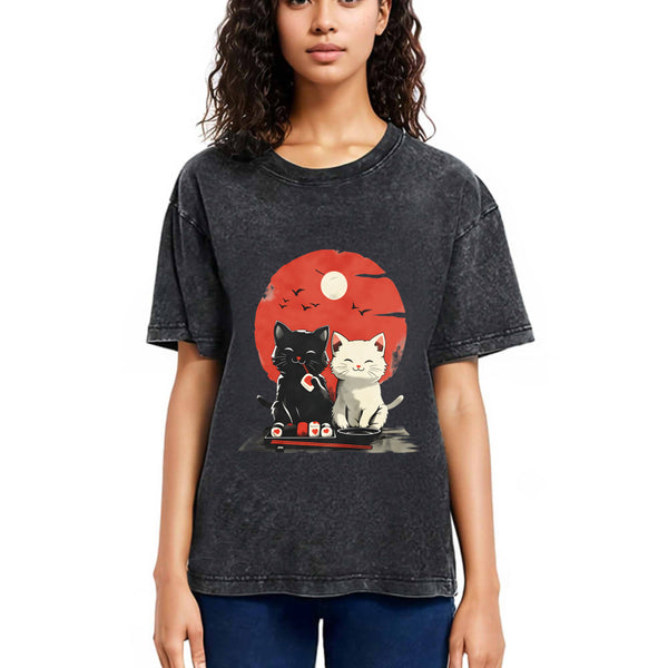 Tokyosol Black And White Cat Vintage Washed T Shirt