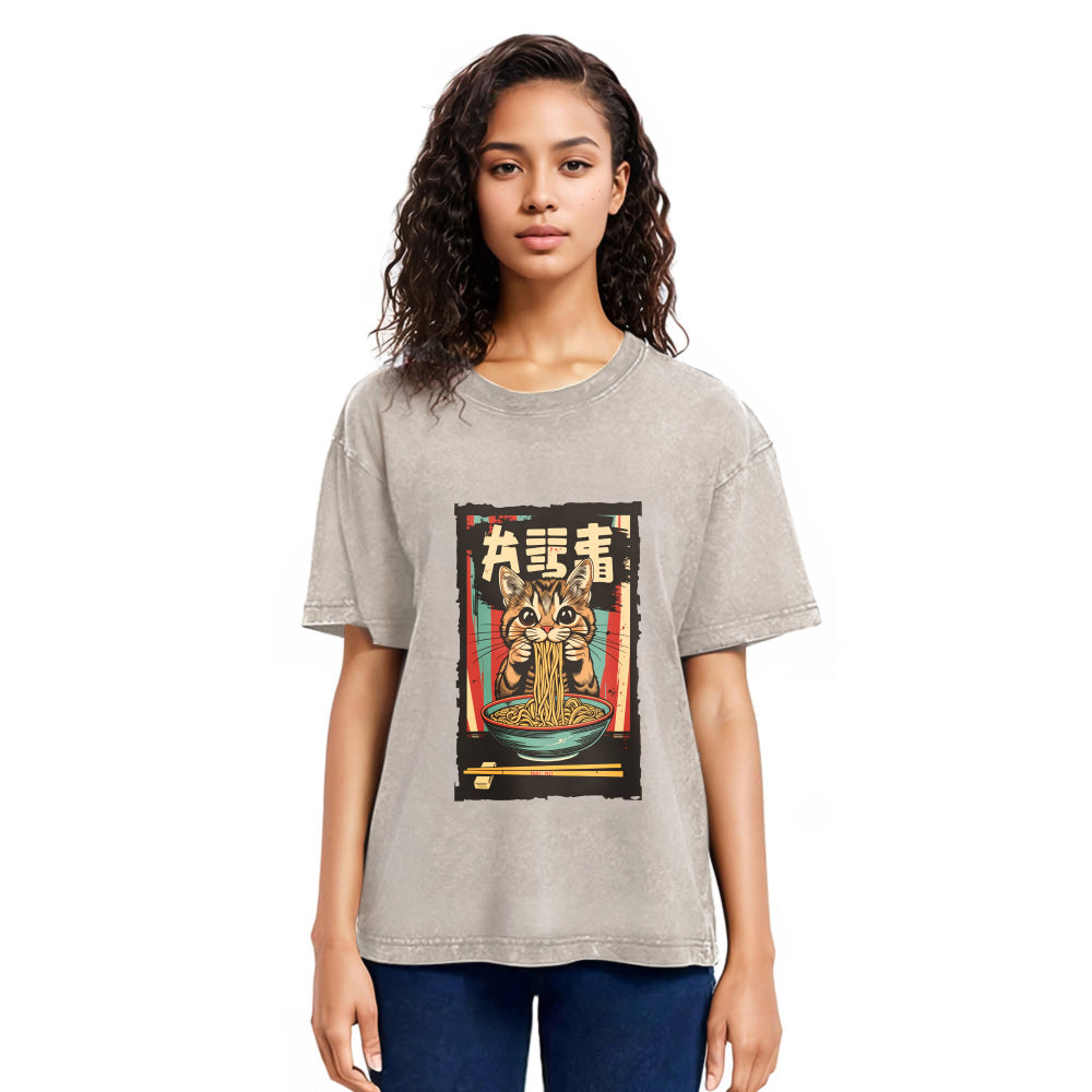 Tokyosol Kawaii Ramen Orange Cat Vintage Japanese Washed T Shirt