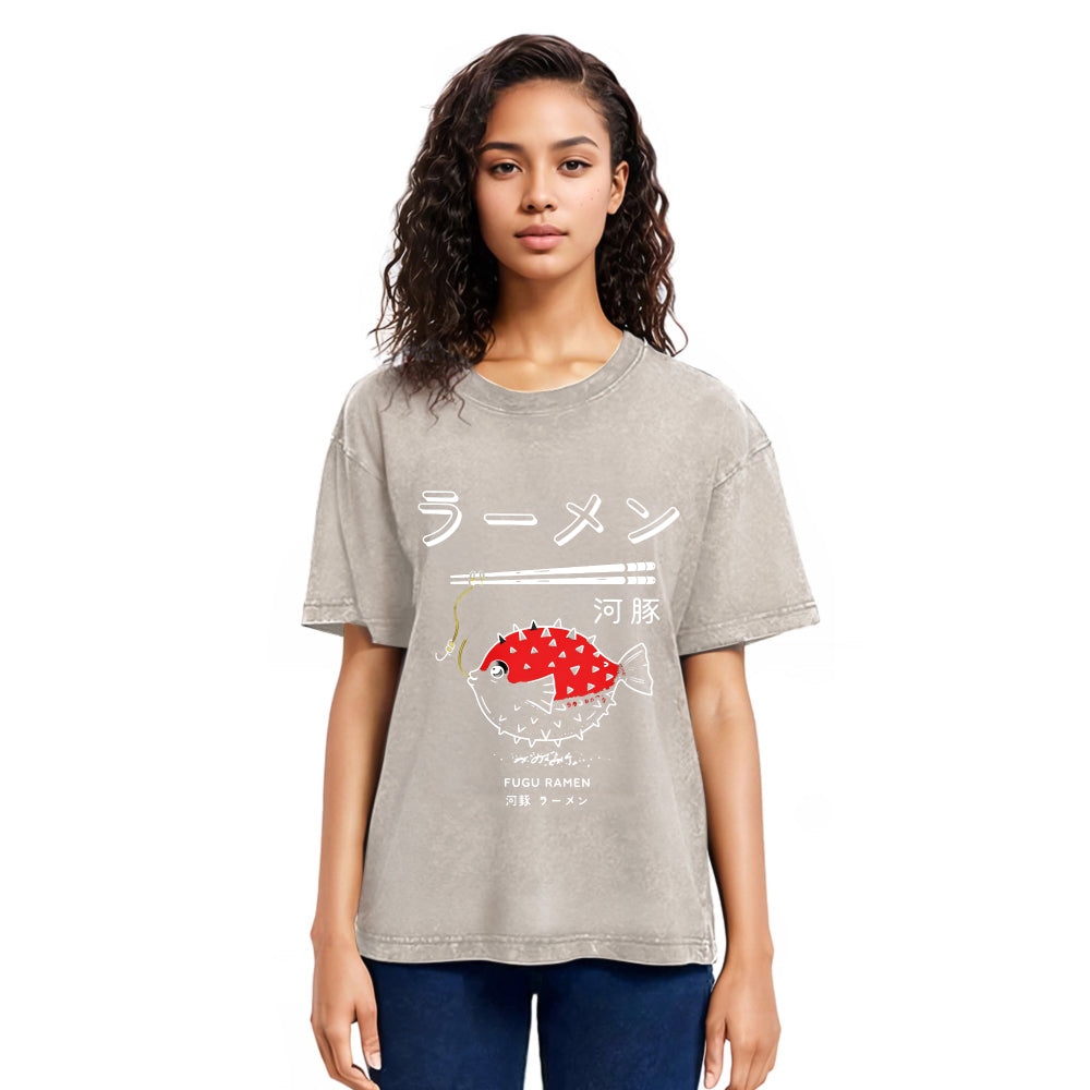 Tokyosol Fugu Ramen Japanese Retro Print Jean T Shirt