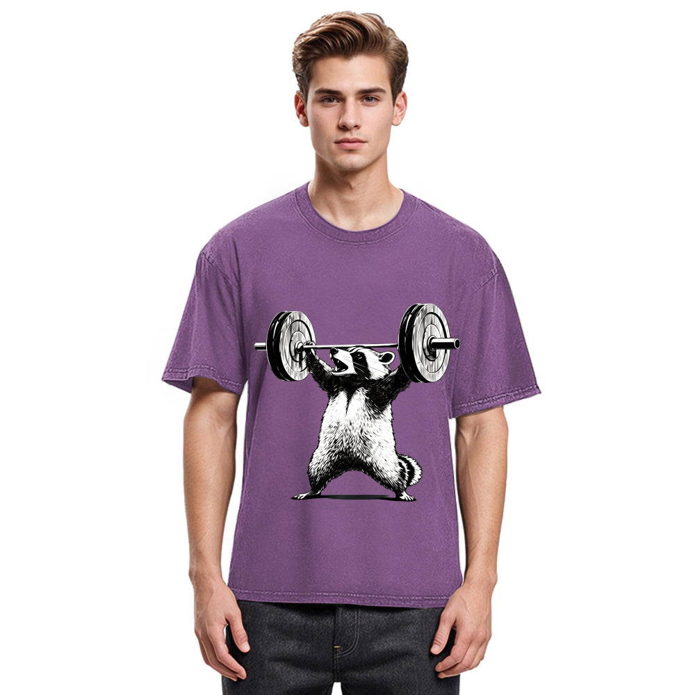 Tokyosol Raccoon Weightlifting Funny Washed T Shirt