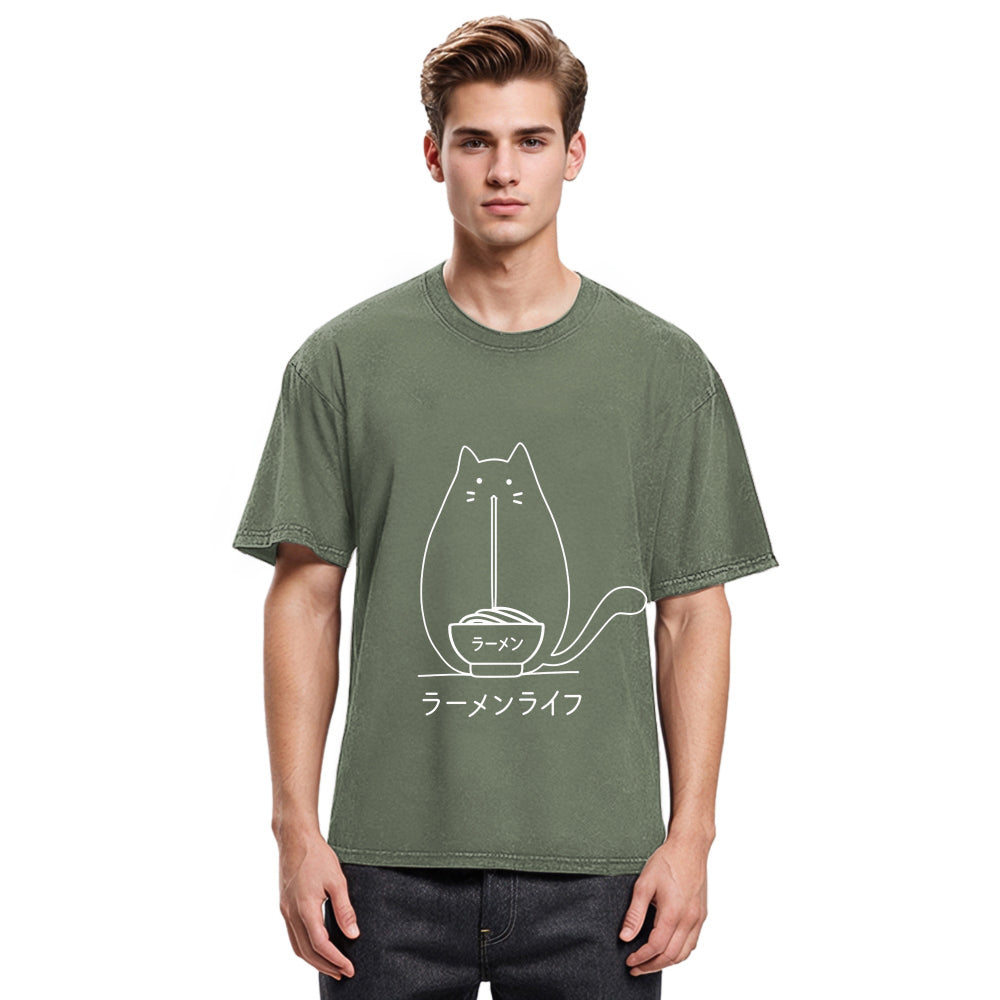 Tokyosol Ramen Cat Washed Zip T Shirt