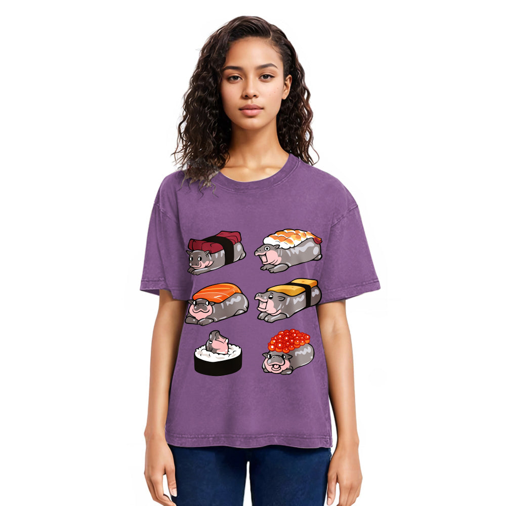 Tokyosol Cute Hippo Sushi Washed T Shirt Washed T Shirt