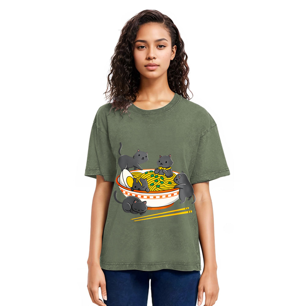 Tokyosol Kawaii Anime Cat Japanese Ramen Washed T Shirt