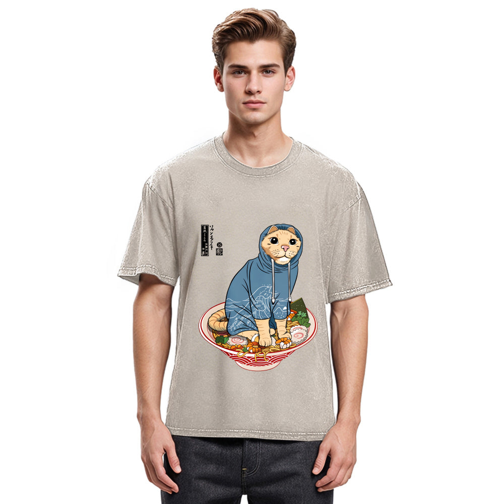 Tokyosol Japanese Cat On Ramen Washed T Shirt