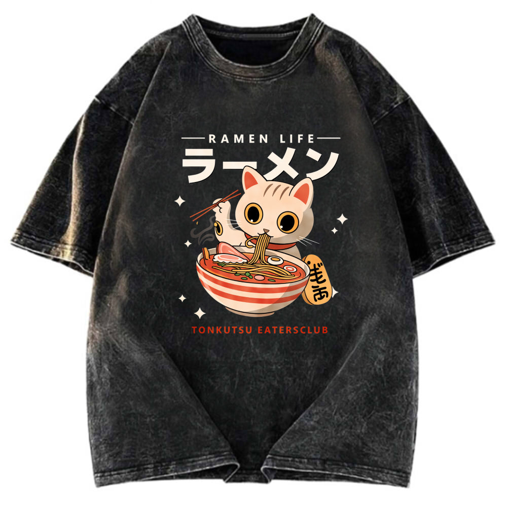 Tokyosol Lucky Cat Ramen Life Washed T Shirt