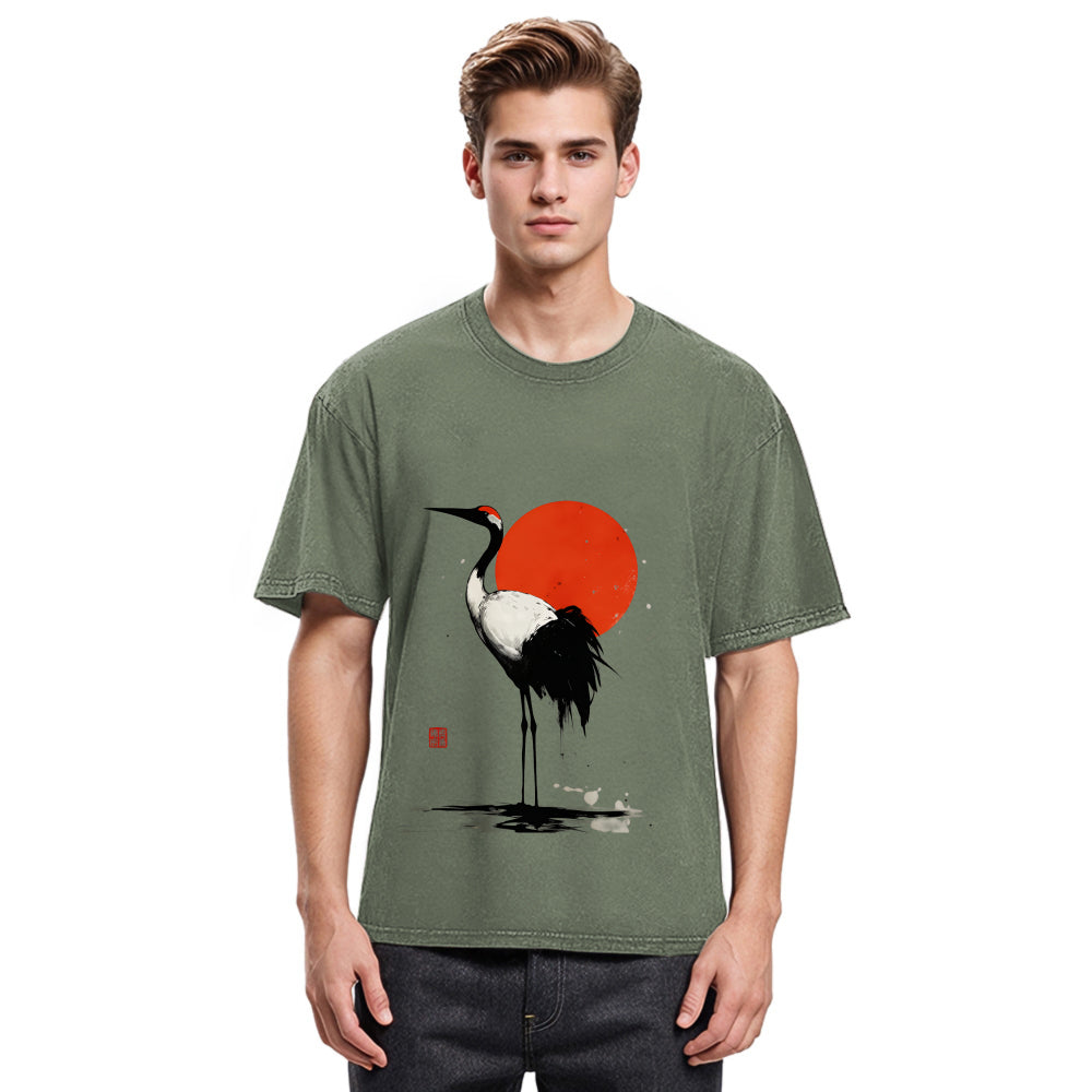 Tokyosol Retro Japanese Red Crowned Crane Washed T Shirt