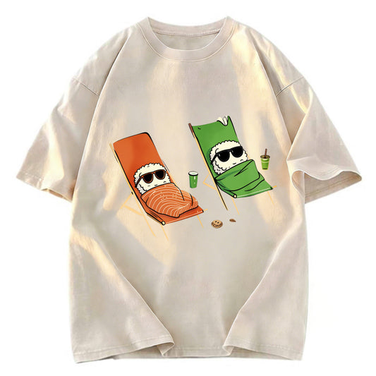 Tokyosol Funny Sushi Sunbathing Washed T Shirt