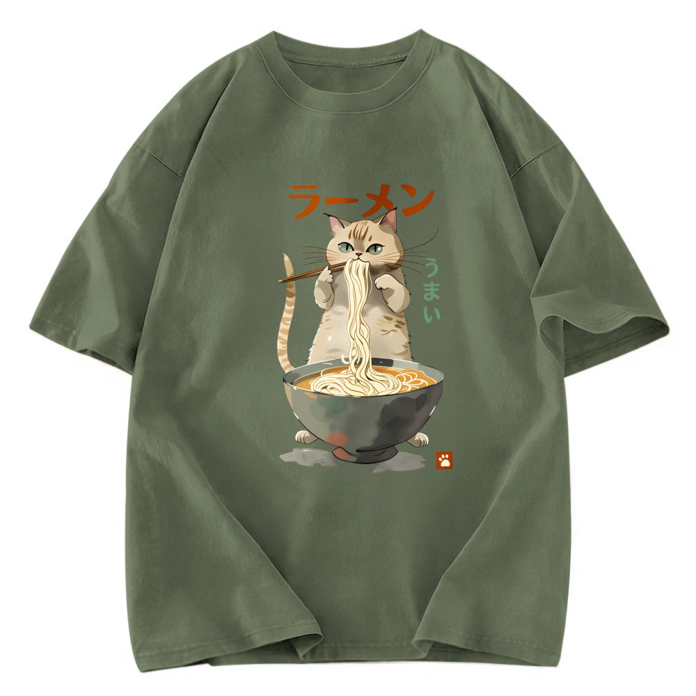 Tokyosol Cute Cat Eating Yummy Ramen Washed T Shirt
