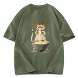 Tokyosol Cute Cat Eating Yummy Ramen Washed T Shirt