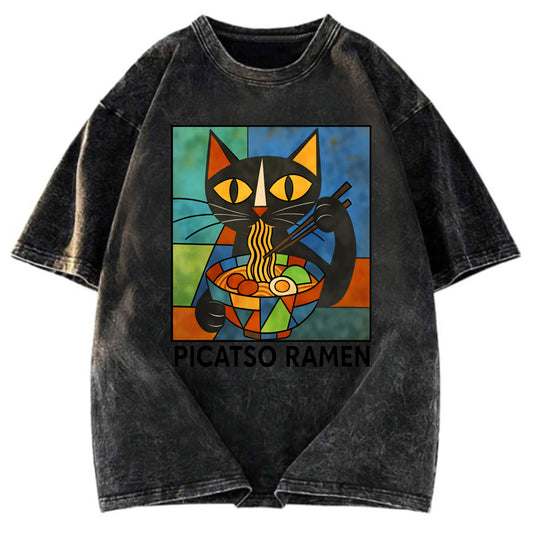 Tokyosol Abstract Cat Eating Ramen Washed T Shirt