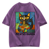 Tokyosol Abstract Cat Eating Ramen Washed T Shirt