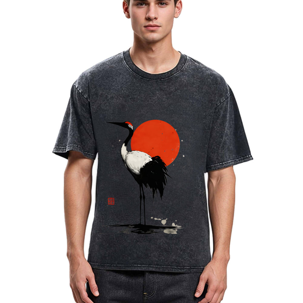 Tokyosol Retro Japanese Red Crowned Crane Washed T Shirt