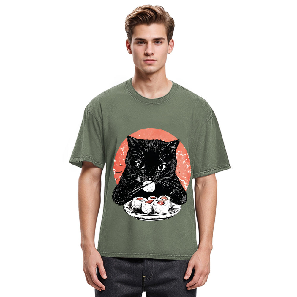 Tokyosol Cat Eating Delicious Sushi Washed T Shirt