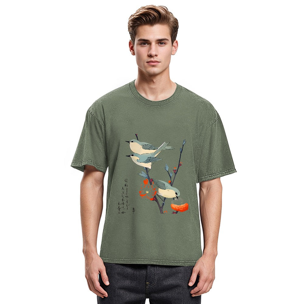 Tokyosol Japanese Art Birds On Cherry Blossom Washed T Shirt