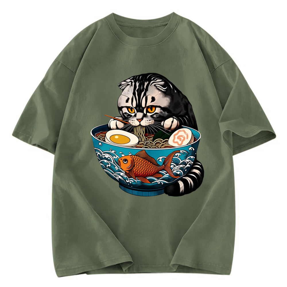 Tokyosol American Shorthair Cat Eating Ramen Washed T Shirt