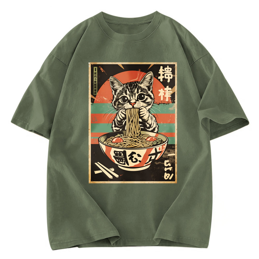 Tokyosol Kawaii Cat Lover Ramen Washed T Shirt