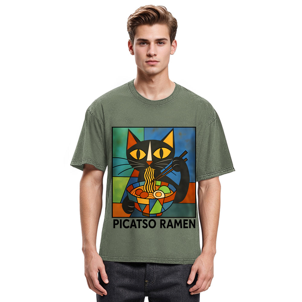 Tokyosol Abstract Cat Eating Ramen Washed T Shirt