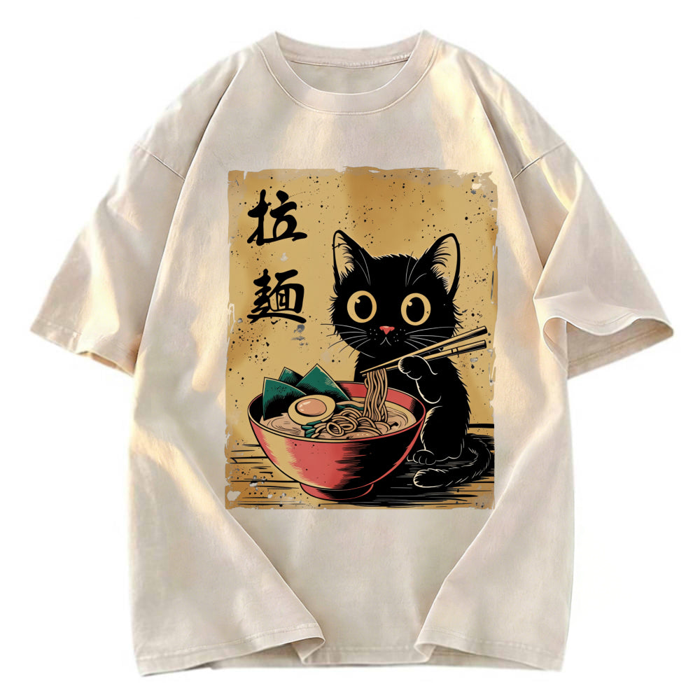 Tokyosol Retro Black Cat Eating Ramen Washed T Shirt