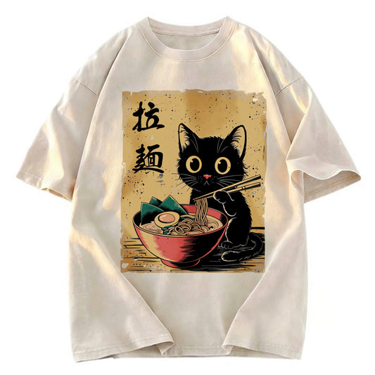 Tokyosol Retro Black Cat Eating Ramen Washed T Shirt