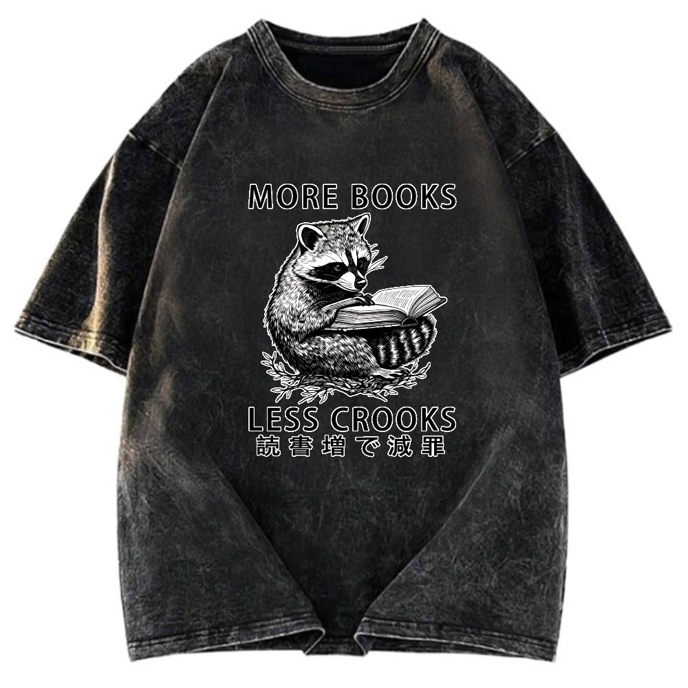 Tokyosol Raccoon Reading Books Less Crooks Washed T Shirt