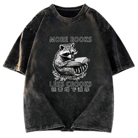 Tokyosol Raccoon Reading Books Less Crooks Washed T Shirt
