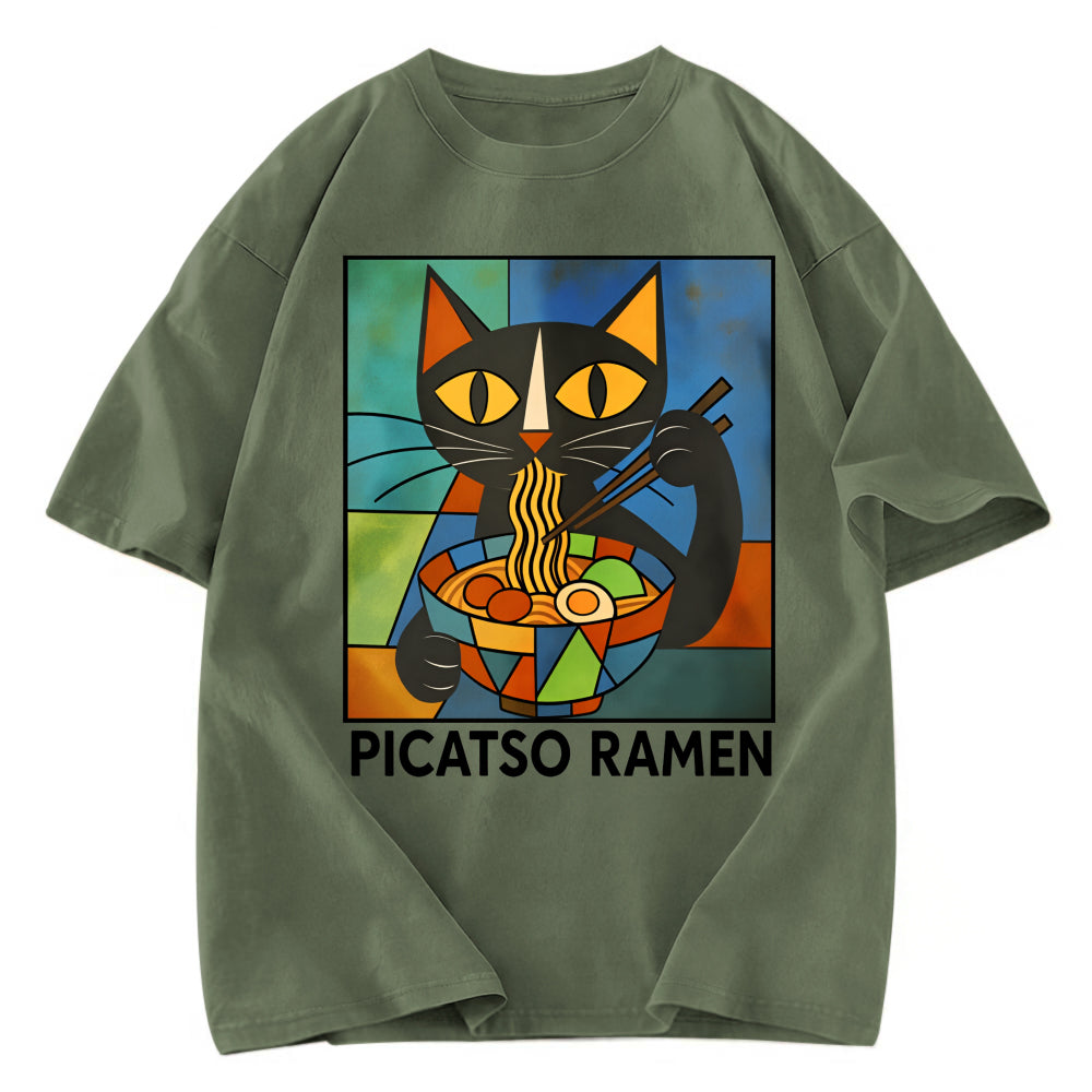 Tokyosol Abstract Cat Eating Ramen Washed T Shirt