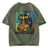 Tokyosol Abstract Cat Eating Ramen Washed T Shirt