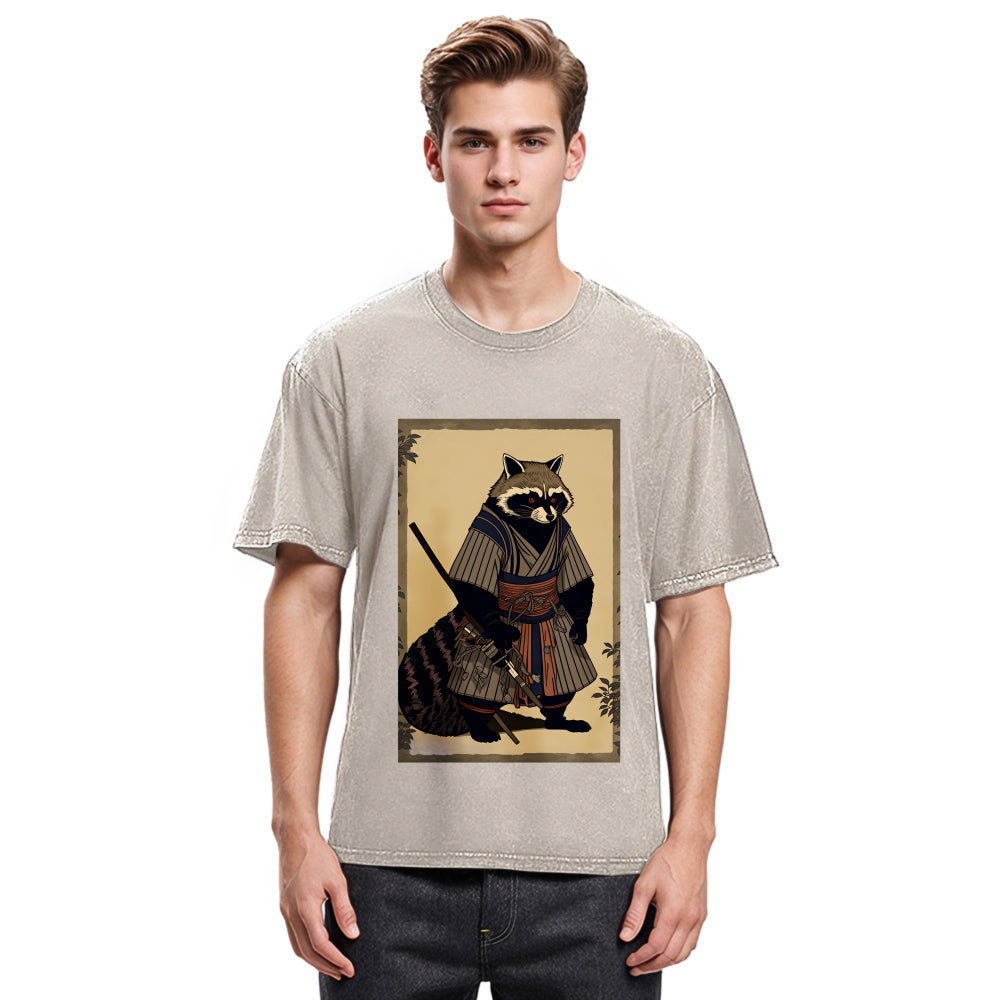 Tokyosol Japanese Raccoon Samurai Washed T Shirt