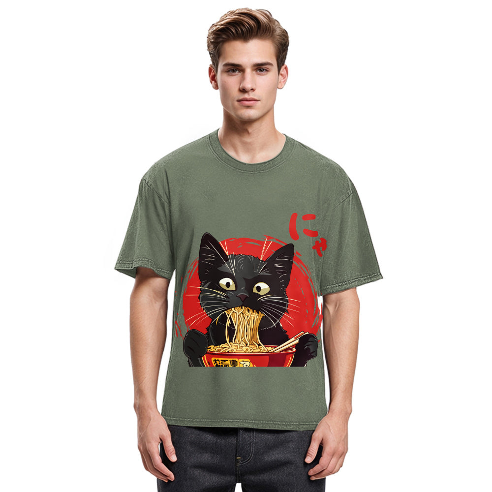 Tokyosol Japanese Ramen Black Cat Washed T Shirt
