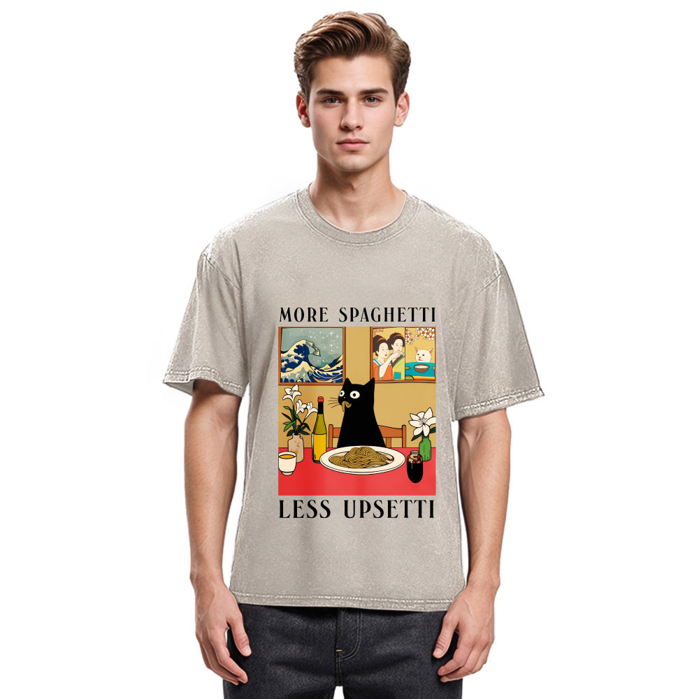 Tokyosol Cat Eating Pasta Washed T Shirt
