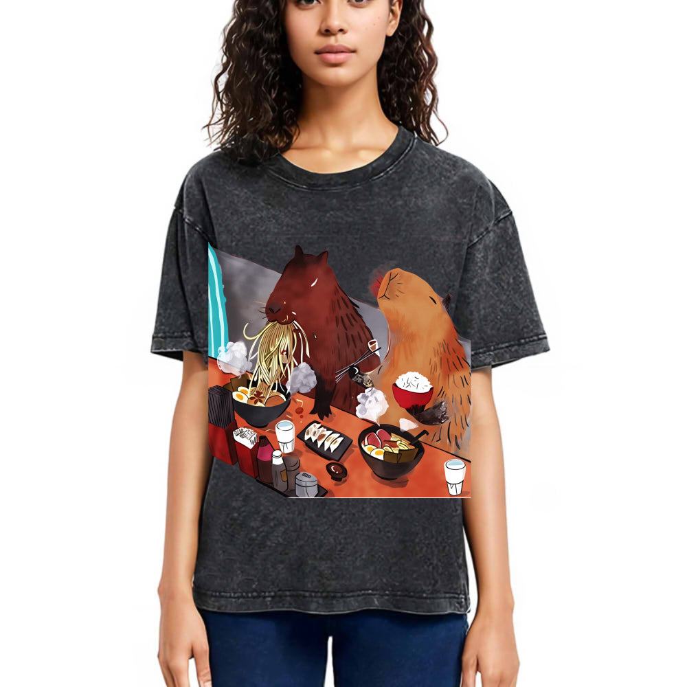 Tokyosol Ramen Lovers Capybara Funny Washed T Shirt