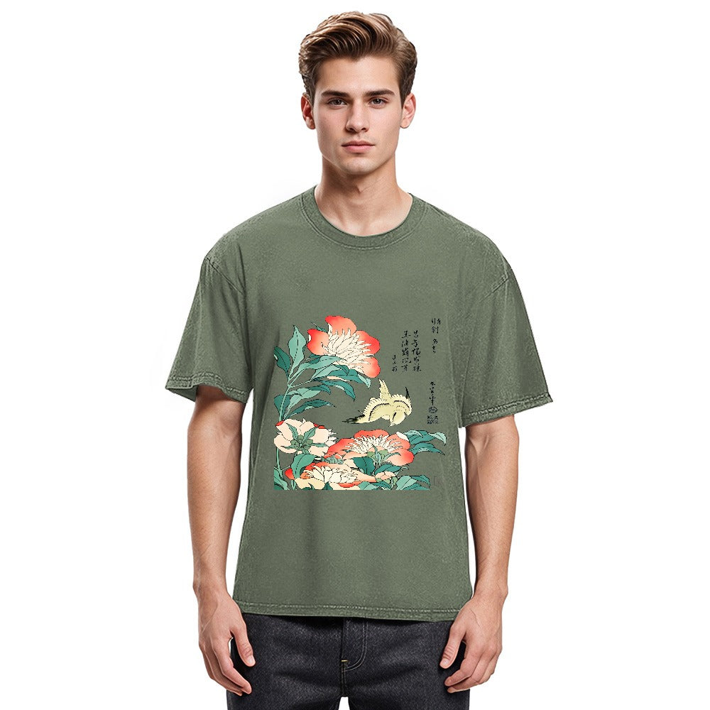 Tokyosol Hokusai Flowers Peonies Bird Washed T Shirt