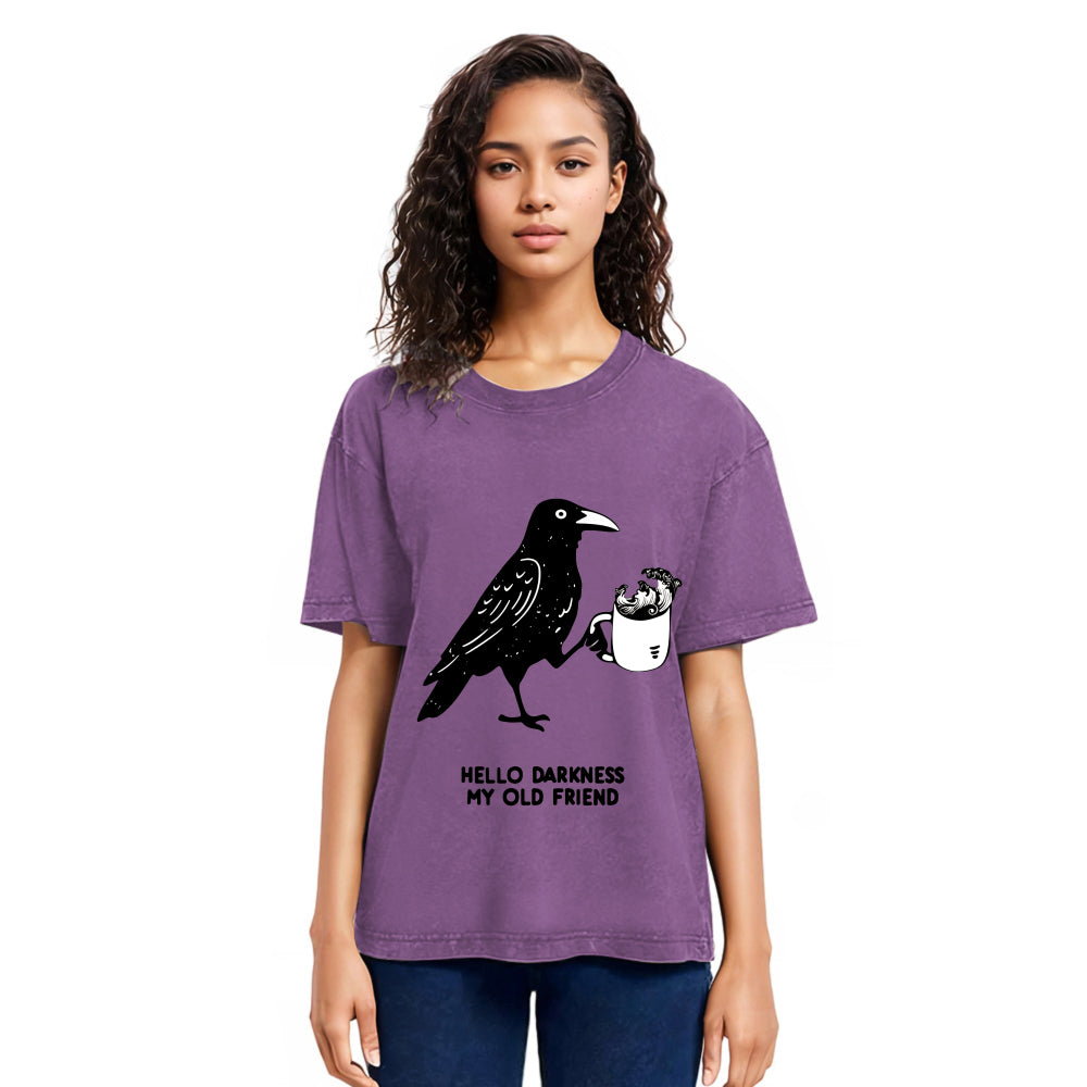 Tokyosol Crow Drinking Black Coffee Funny Washed T Shirt