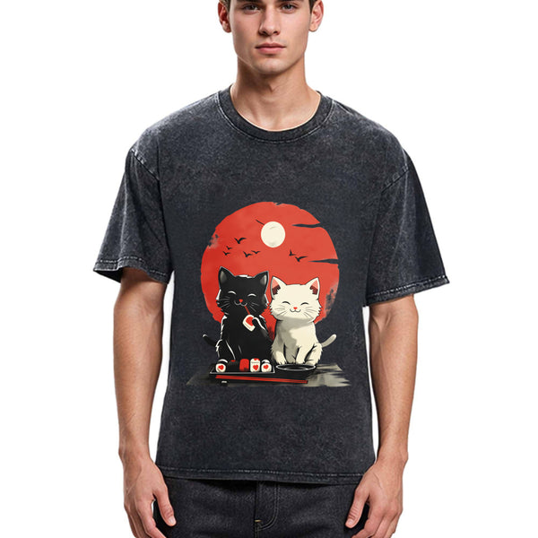 Tokyosol Black And White Cat Vintage Washed T Shirt