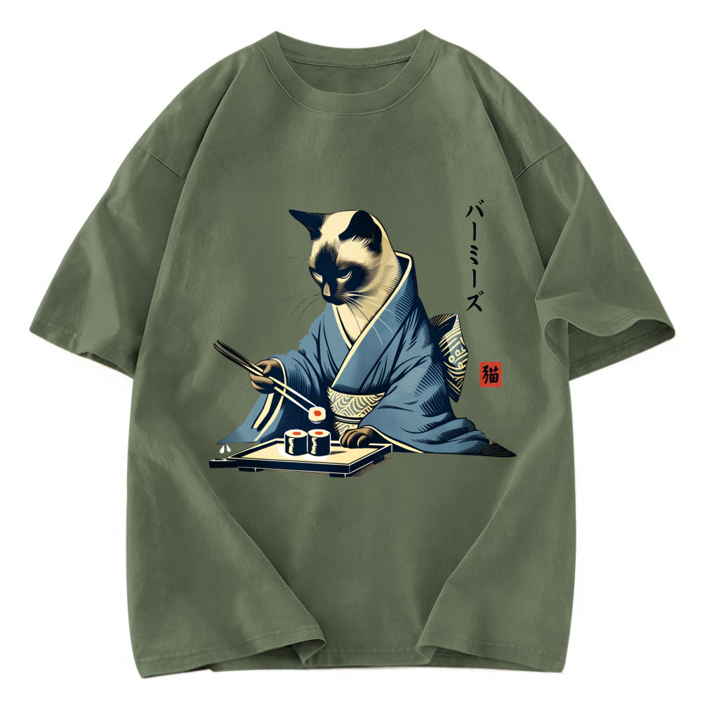 Tokyosol Cat In Kimono Eating Sushi Washed T Shirt