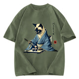 Tokyosol Cat In Kimono Eating Sushi Washed T Shirt