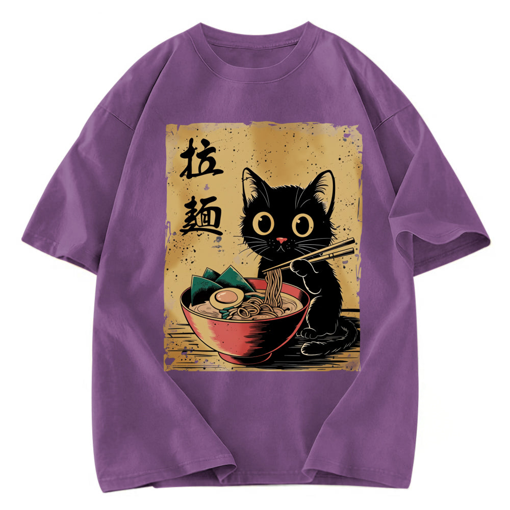 Tokyosol Retro Black Cat Eating Ramen Washed T Shirt