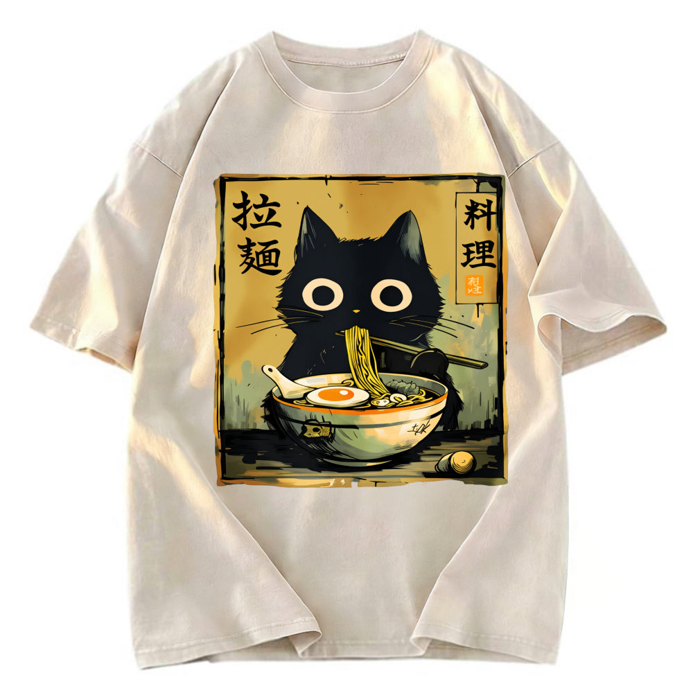 Tokyosol Cute Black Cat Eating Ramen Washed T-Shirt