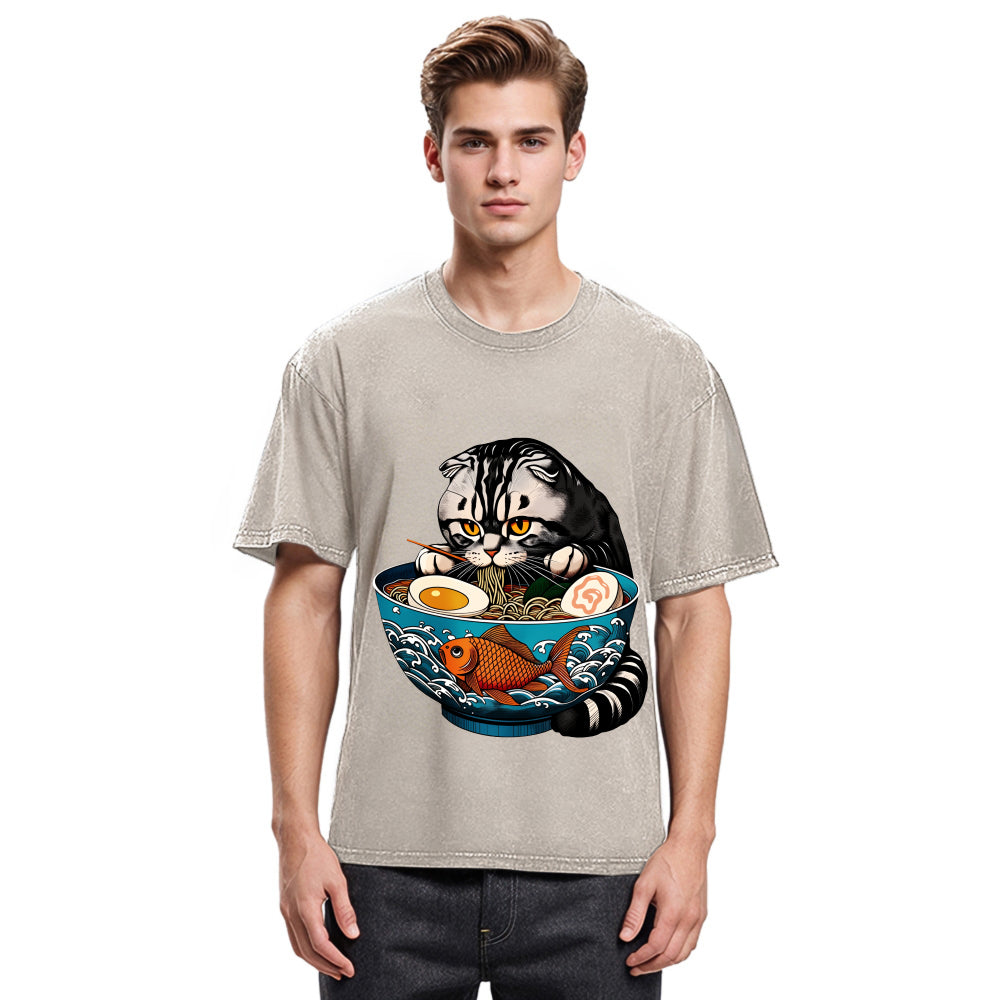 Tokyosol American Shorthair Cat Eating Ramen Washed T Shirt