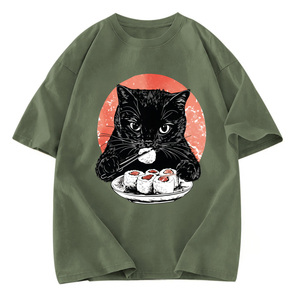 Tokyosol Cat Eating Delicious Sushi Washed T Shirt