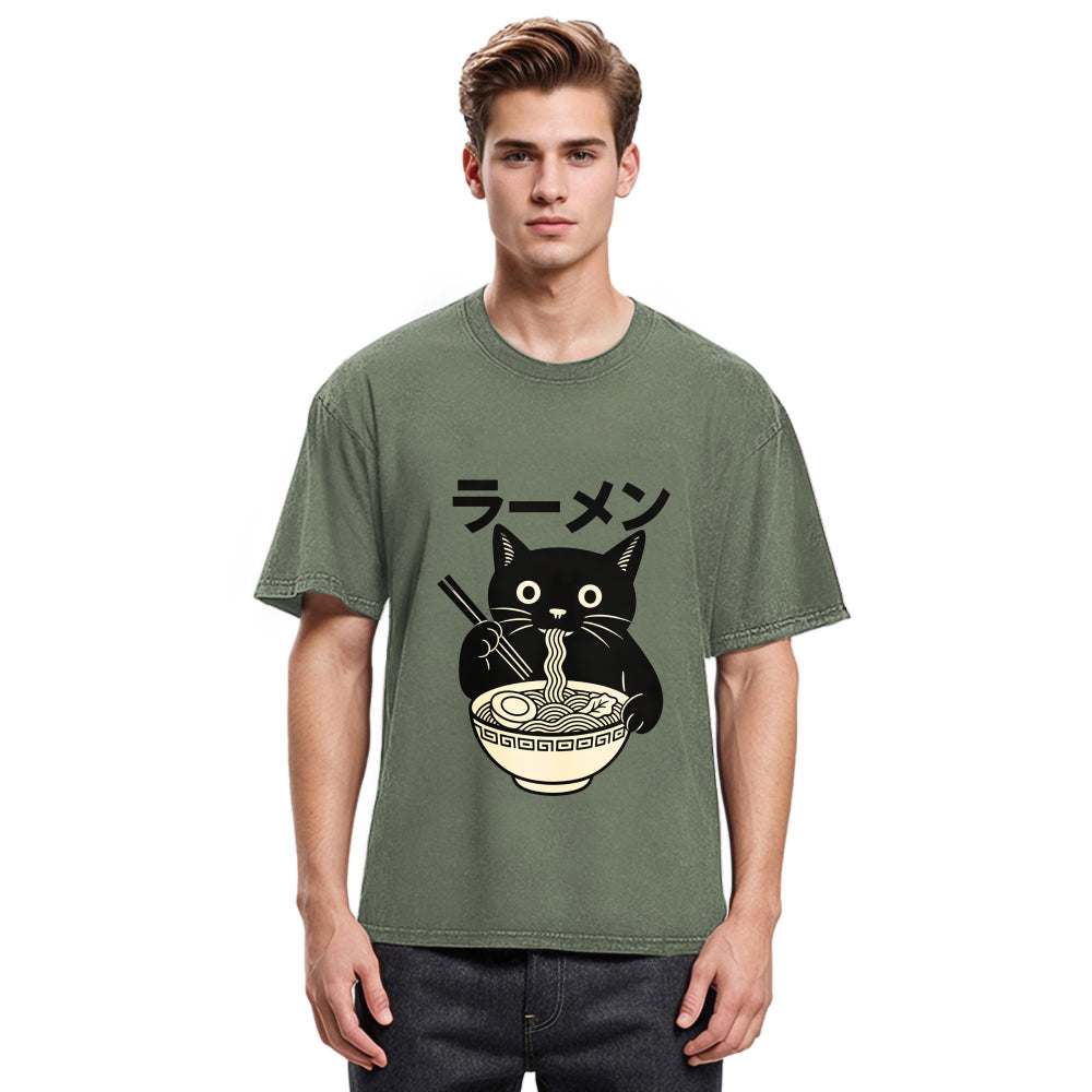 Tokyosol Simple Black Cat Eating Ramen Washed T Shirt
