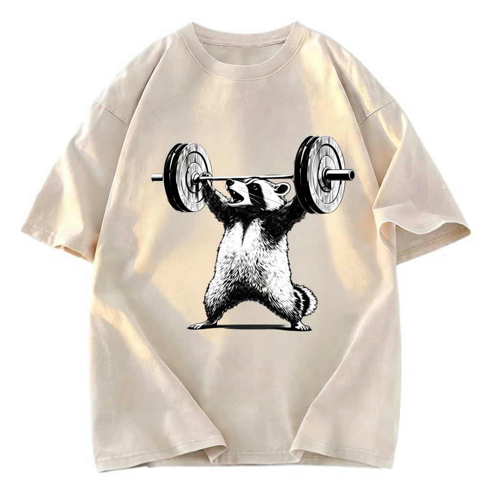 Tokyosol Raccoon Weightlifting Funny Washed T Shirt