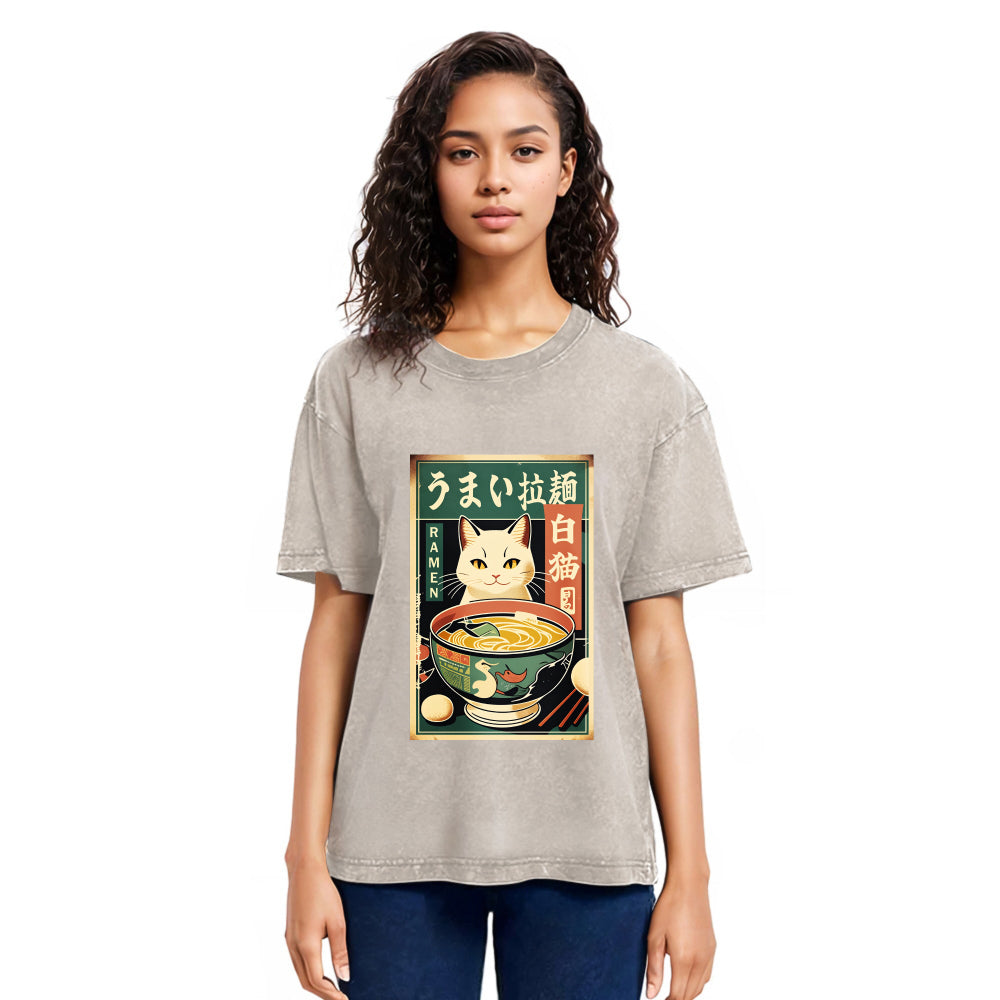 Tokyosol White Cat Eating Ramen Washed T Shirt