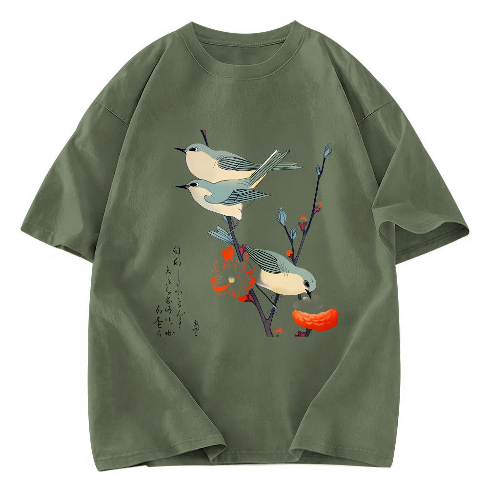 Tokyosol Japanese Art Birds On Cherry Blossom Washed T Shirt