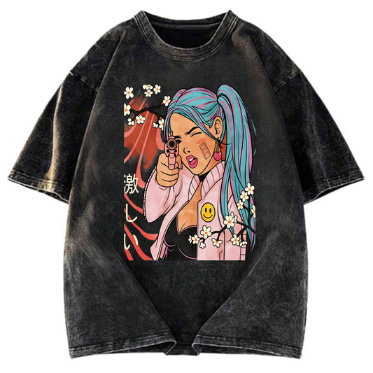 Tokyosol Cherry Blossoms in Error 404 Anime Girl Washed T-Shirt