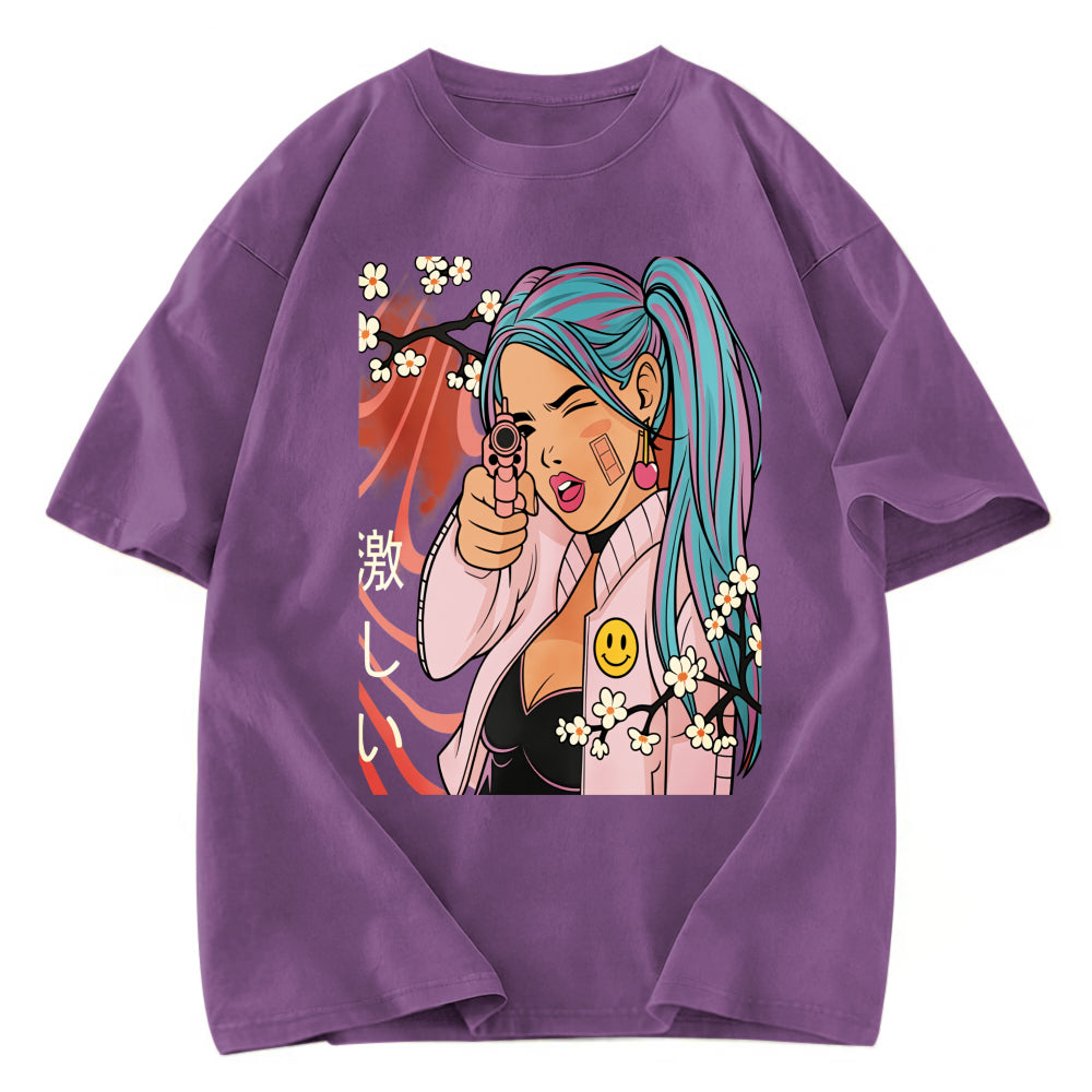 Tokyosol Cherry Blossoms in Error 404 Anime Girl Washed T-Shirt