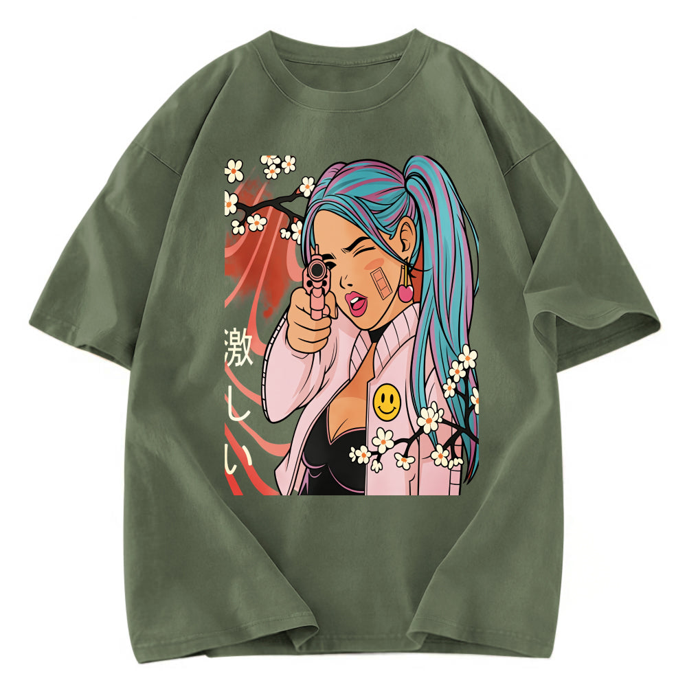 Tokyosol Cherry Blossoms in Error 404 Anime Girl Washed T-Shirt