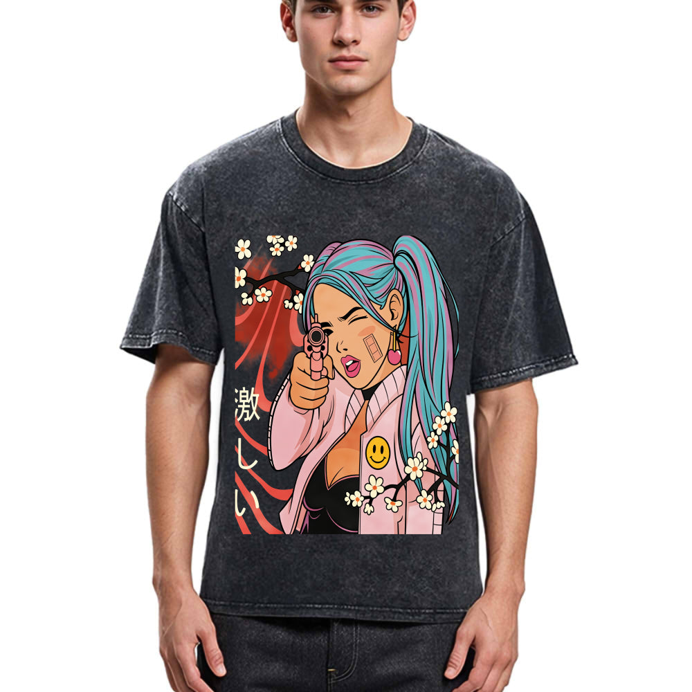 Tokyosol Cherry Blossoms in Error 404 Anime Girl Washed T-Shirt