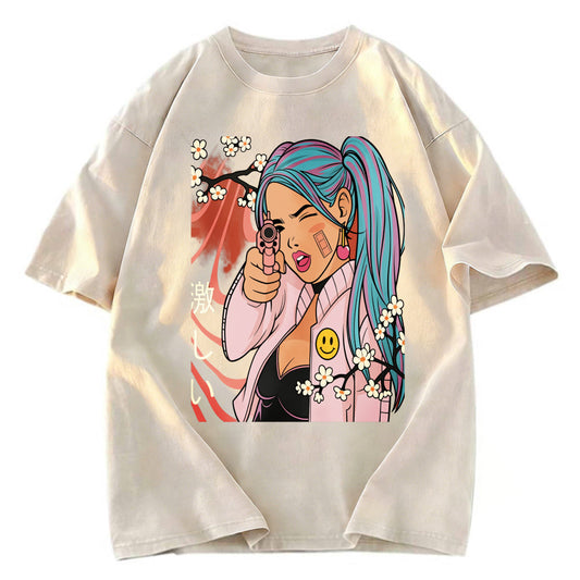 Tokyosol Cherry Blossoms in Error 404 Anime Girl Washed T-Shirt